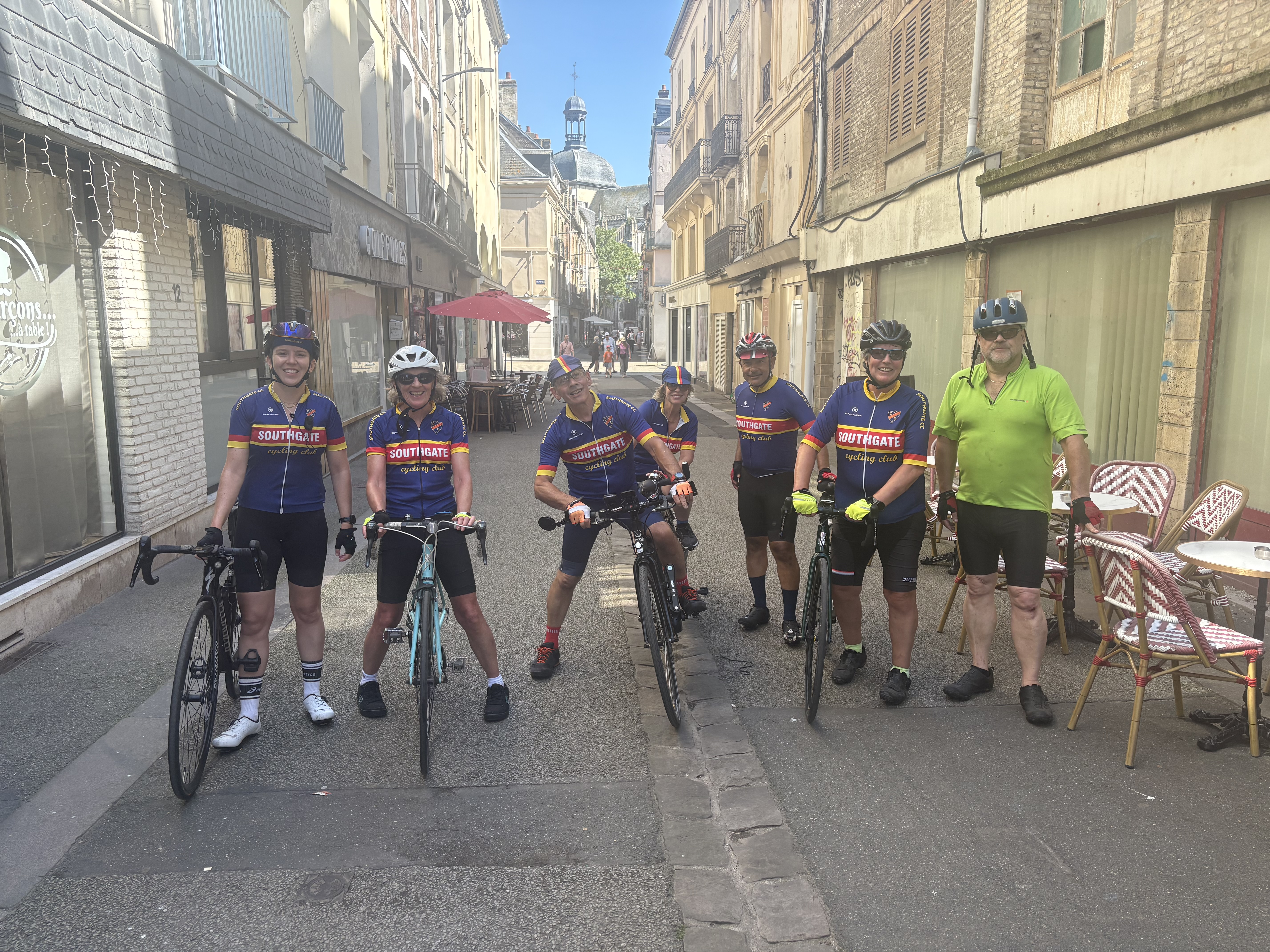 Seven Southgate Cycling club cyclists in a pretty street